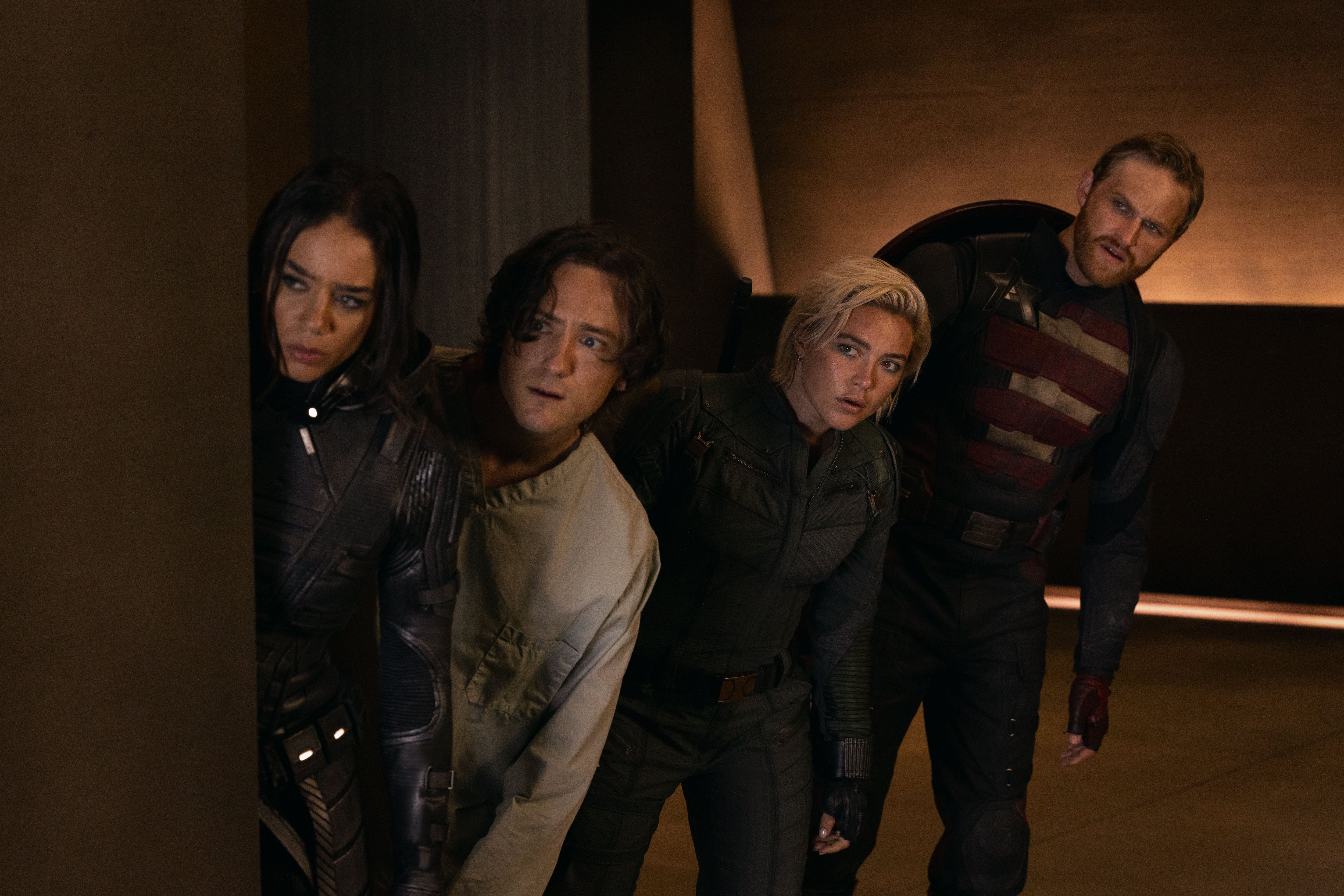 (L-R) Ghost (Hannah John-Kamen), Bob (Lewis Pullman), Yelena Belova (Florence Pugh) and John Walker (Wyatt Russell) in Marvel Studios