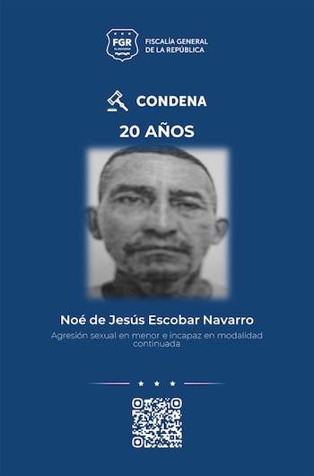 Noé de Jesús Escobar Navarro recibió 20 años de prisión por agresión sexual continuada contra una menor en San Juan Opico, gracias a pruebas y denuncias familiares. (Imagen: FGR)