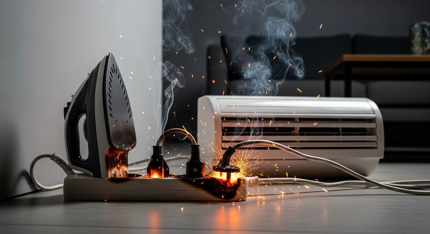 Una plancha y un aireacondicionado conectado a una regleta que se sobrecalienta y produce un incendio. (Imagen Ilustrativa Infobae)