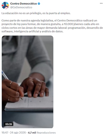 Proyecto del Centro Democrático busca formar a miles de jóvenes para empleos digitales - crédito @CeDemocratico/X