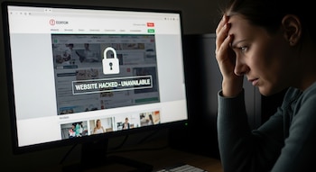 Una mujer con la mano en la frente observa una pantalla de computadora que muestra un sitio web con un candado y el texto 'WEBSITE HACKED - UNAVAILABLE'.