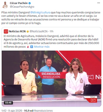 César Pachón desafió a Indalecio Dangond y le pidió retractarse de acusaciones sobre la Agencia de Desarrollo Rural - crédito @CesarPachonAgro/X