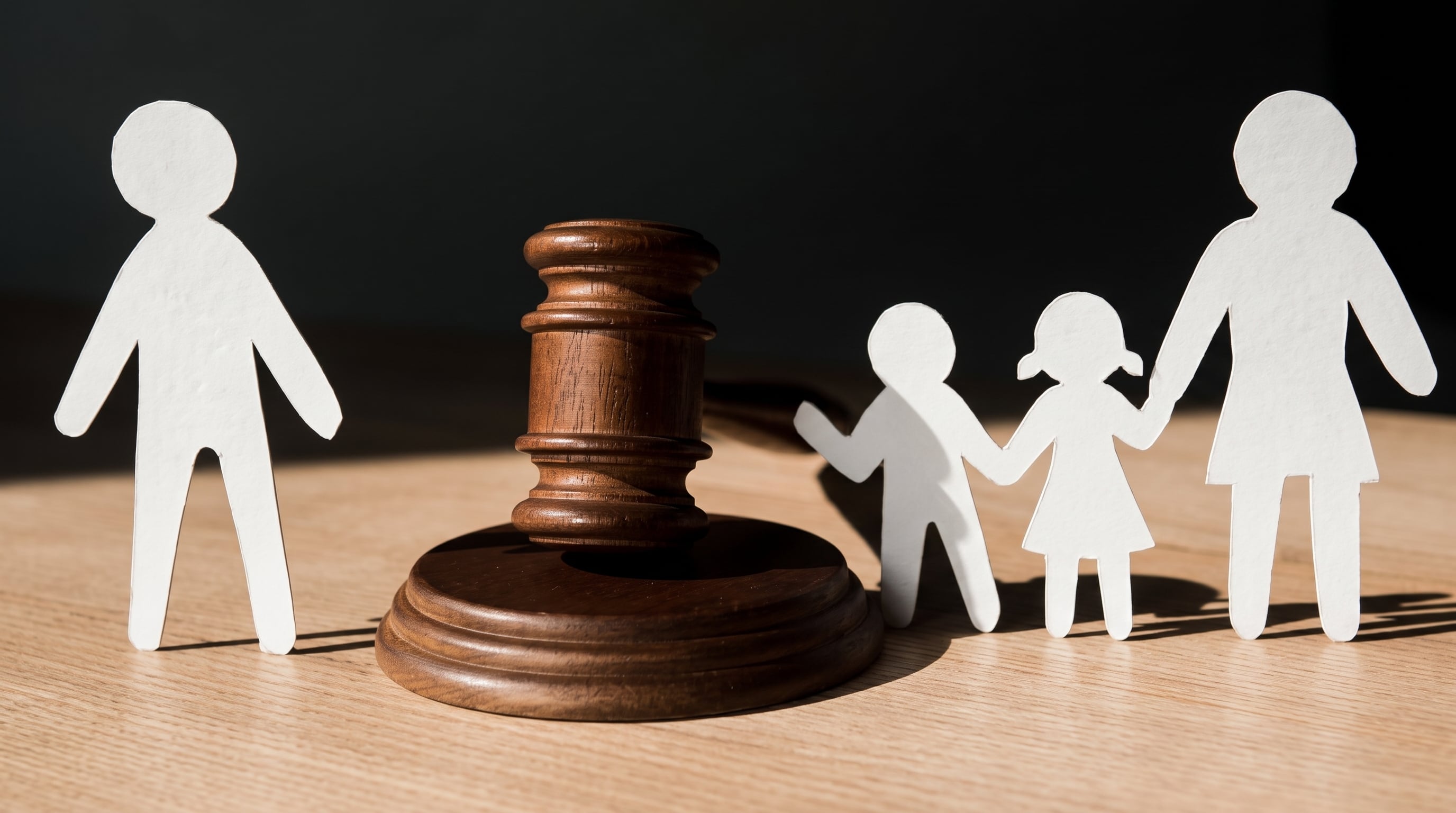 Un mazo de juez situado entre figuras de papel ilustra un proceso de divorcio y la asignación de la custodia de los hijos. (Imagen Ilustrativa Infobae)