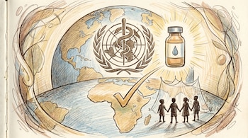 Ilustración del globo terráqueo con el logo de la OMS. Un vial brillante, un gran visto bueno sobre África y cuatro siluetas de niños de la mano en el continente.