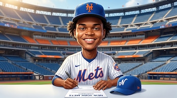 Caricatura de un joven hombre sonriente con uniforme de los New York Mets y gorra del equipo firmando un contrato, con otra gorra y un estadio de fondo.