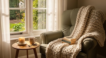 Un sillón verde con una manta de lana beige, una mesa de madera con una vela encendida, una taza de té y unas gafas, junto a una ventana con jardín visible.