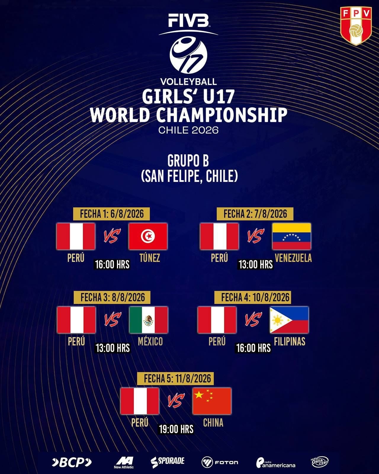Fixture de Perú en el Mundial Sub 17 de Vóley 2026. Crédito: FPV