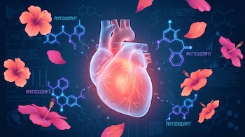 Ilustración digital de un corazón humano saludable brillando en tonos rojos y rosados, rodeado de moléculas antioxidantes y flores de hibisco sobre un fondo médico azul oscuro.