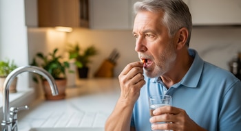 Hombre mayor con barba gris tomando una píldora naranja y amarilla con un vaso de agua, en una cocina con grifo y plantas.