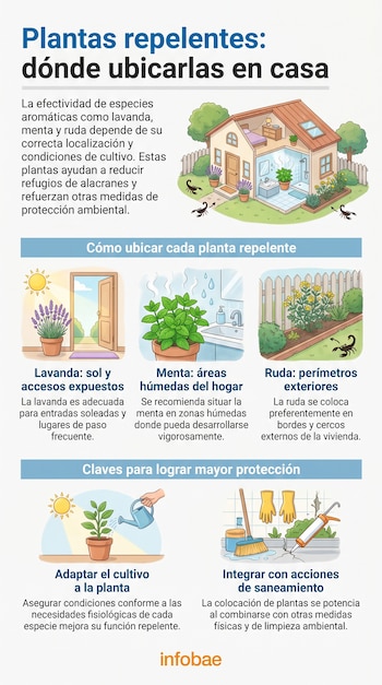 Infografía ilustra cómo usar lavanda, menta y ruda en casa para repeler alacranes. Muestra plantas, una casa con scorpiones y herramientas de limpieza.