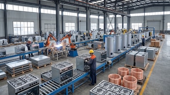 Interior de una fábrica con operarios, brazos robóticos de soldadura, líneas de rodillos, anafes metálicos y tanques de calefones.