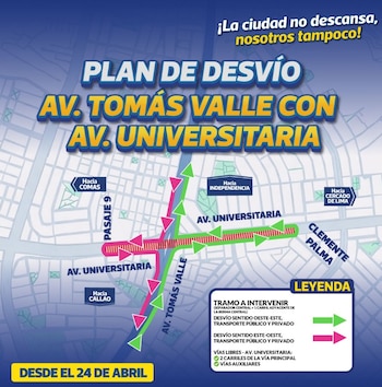 Emape implementará un plan de desvío vehicular en la intersección de las avenidas Tomás Valle y Universitaria desde el viernes 24 de abril, en el marco de la Vía Expresa Norte y la construcción de un paso a desnivel - Créditos: Emape.