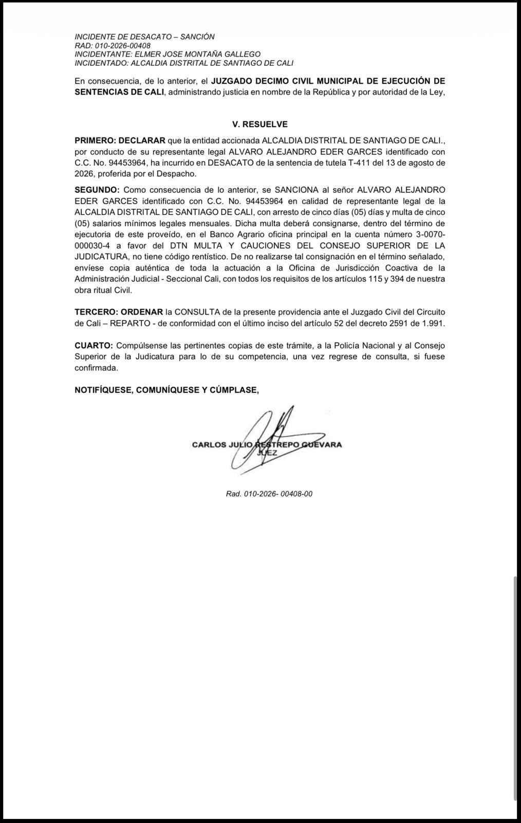 El juzgado concluyó que la Alcaldía de Cali remitió documentos, pero no respondió de forma clara, puntual y precisa los requerimientos sobre los convenios con Propacífico - crédito X