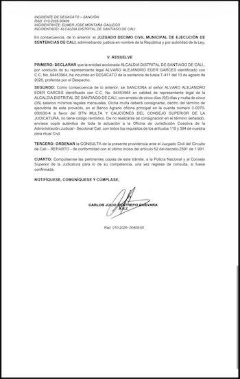 El juzgado concluyó que la Alcaldía de Cali remitió documentos, pero no respondió de forma clara, puntual y precisa los requerimientos sobre los convenios con Propacífico - crédito X