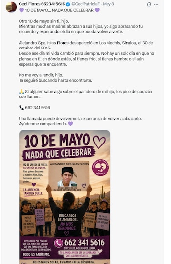 La movilización anual convierte la celebración del Día de las Madres en una jornada de protesta y visibilización del problema. | (Crédito X(CeciPatriciaF)