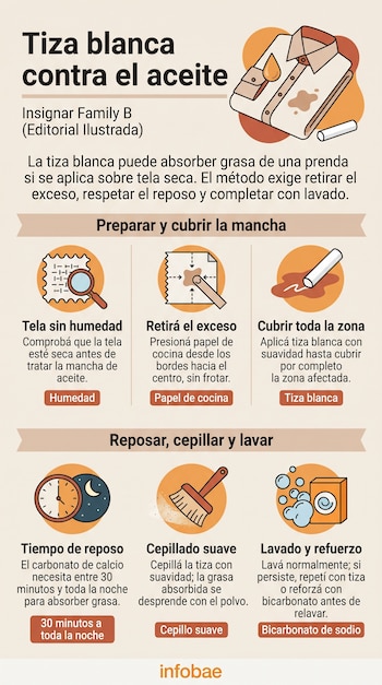 Infografía con ilustraciones de una camisa, papel de cocina, tiza, un reloj, un cepillo y una lavadora junto a textos explicativos.