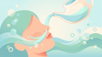 Ilustración del perfil de un rostro inclinado recibiendo un chorro de agua desde una lota nasal entre ondas azules y burbujas.