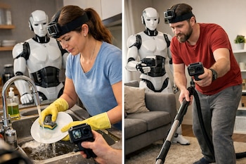 Una mujer lava platos con guantes amarillos mientras un robot humanoide la observa; un hombre aspira con un robot a su lado. Ambos llevan cámaras.