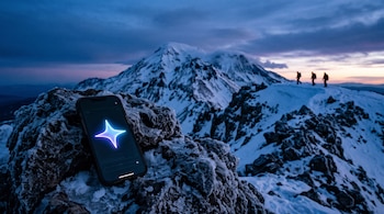Teléfono inteligente sobre una roca helada mostrando una estrella brillante frente a montañas nevadas y siluetas de excursionistas.