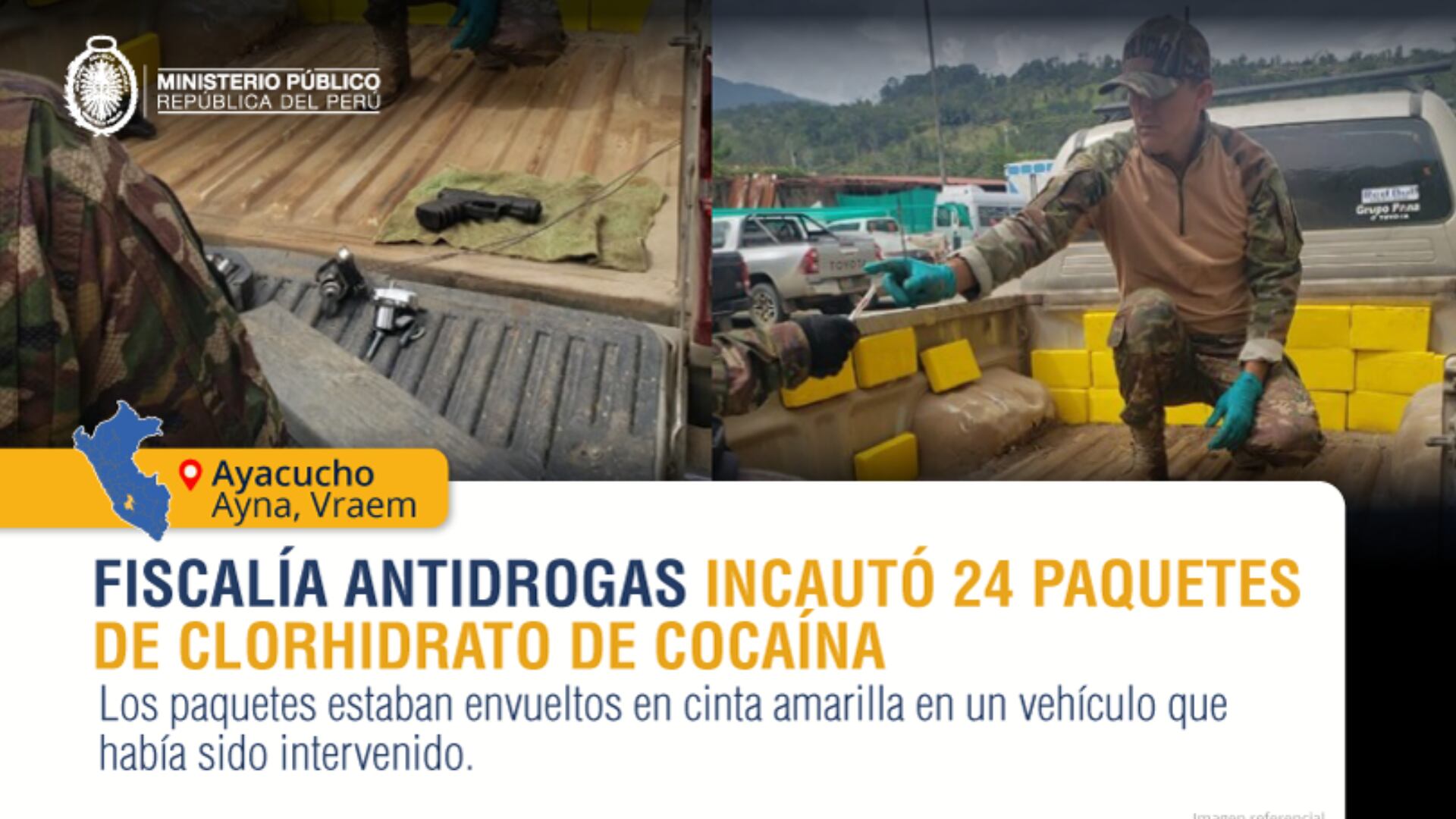 En una intervención en San Francisco (Ayacucho), se incautaron 24 paquetes de clorhidrato de cocaína ocultos en un vehículo. (Gob)