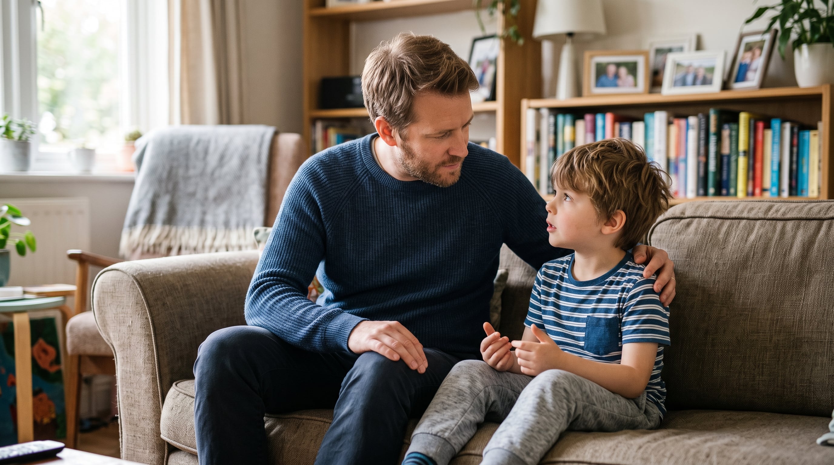 Un padre habla de forma pausada con su hijo pequeño en el sofá de su vivienda para abordar un momento de conflicto y validar sus emociones. (Imagen Ilustrativa Infobae)