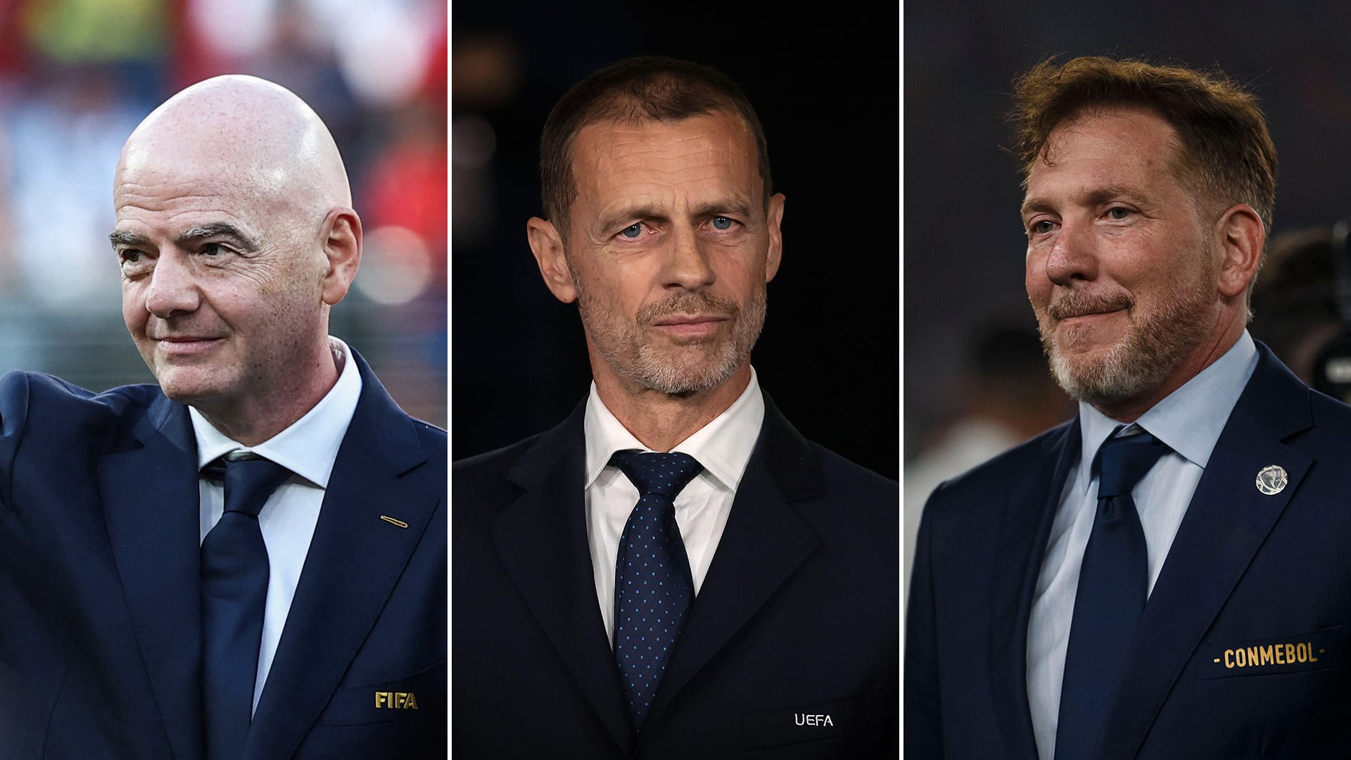 Gianni Infantino (FIFA), Aleksander Ceferin (UEFA) y Alejandro Domínguez (Conmebol)