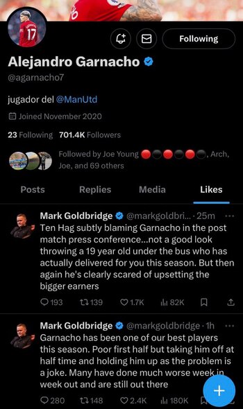 Los "me gusta" de Garnacho