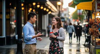 Un hombre y una mujer conversan sonriendo en una calle urbana. Él lleva camisa azul y ella un vestido floral con una taza. Hay un puesto de pretzels.