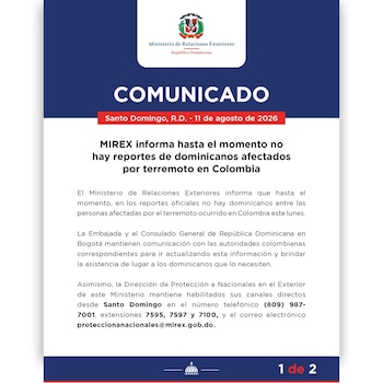 Comunicado oficial del Ministerio de Relaciones Exteriores de República Dominicana, que informa la ausencia de ciudadanos dominicanos entre los afectados por el terremoto en Colombia.