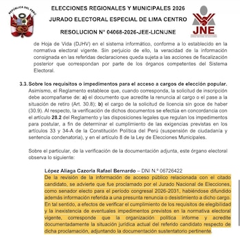 Documento oficial del Jurado Electoral Especial de Lima Centro con el logo del JNE, que detalla requisitos electorales y menciona a Rafael López Aliaga