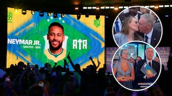 Una gran pantalla muestra la imagen de Neymar Jr. con el logo de Brasil y la CBF, mientras dos círculos en el lateral derecho muestran a Carlo Ancelotti en dos escenas con su esposa y su hijastra.