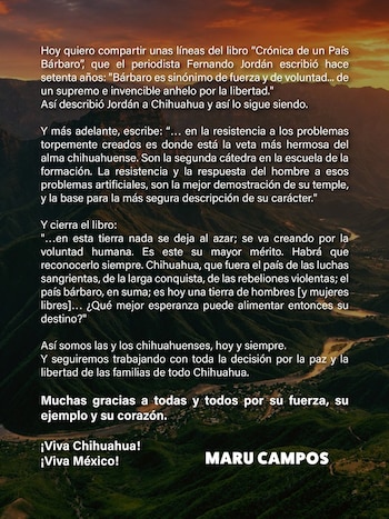 Maru Campos publica mensaje luego de la manifestación de Morena en Chihuahua. (Imagen: Maru Campos)
