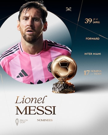 Retrato de Lionel Messi con camiseta rosa junto al trofeo dorado del Balón de Oro y texto con sus datos deportivos