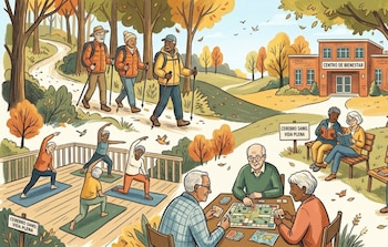 Ilustración de dibujos animados con adultos mayores en diversas actividades: senderismo, yoga, lectura y juegos de mesa, frente a un centro de bienestar en otoño