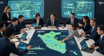 Una mesa con diez profesionales que rodean un mapa digital de Perú y pantallas con gráficos y bosques, junto a laptops con datos.