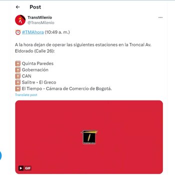 Transmilenio informa de cierres en estaciones del sistema - crédito @TransMilenio