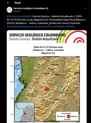 Servicio Geológico Colombiano reportó un