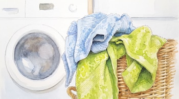 Una ilustración de una lavadora blanca y una cesta de mimbre con toallas verdes y azules. Se aprecian detalles de acuarela y líneas finas.