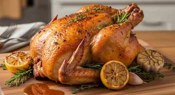Pollo asado entero sobre tabla de madera, con limones asados, ramitas de romero, tomillo, cabeza de ajo asado, ajos crudos y salsa marrón.