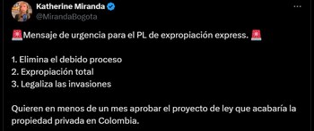 Denuncia de Katherine Miranda a través de su cuenta de X - @MirandaBogota/X