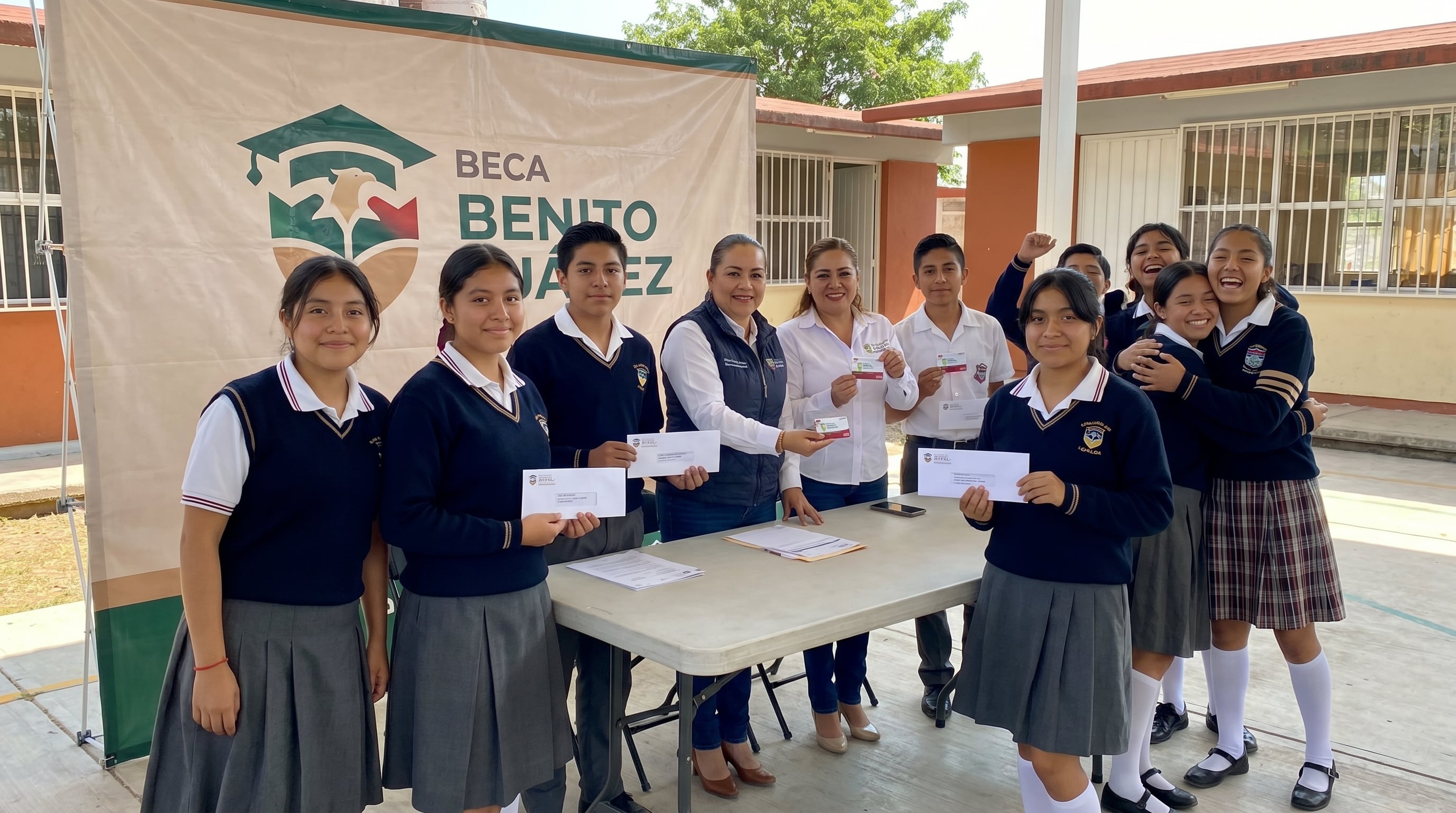 Estudiantes mexicanos de secundaria y preparatoria sonríen mientras reciben sus Becas Benito Juárez en un entorno escolar, acompañados por personal del programa, frente a una lona institucional. (Imagen Ilustrativa Infobae)