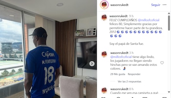 Mensagem de Wason Rentería para Millonarios em seu aniversário anunciando que ele é o pai de Santa Fé - crédito @wasonrukedt/Instagram