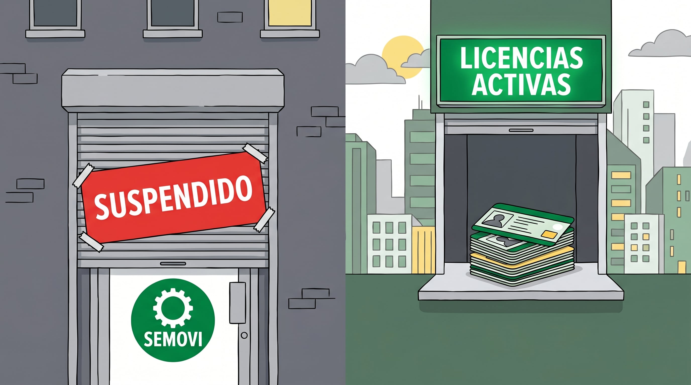 Una ilustración muestra la disparidad en los servicios de movilidad, con una ventanilla de SEMOVI cerrada y suspendida, contrastando con otra abierta exhibiendo licencias de conducir listas para entrega. (Imagen Ilustrativa Infobae)