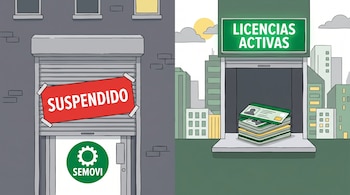 Ilustración de ventanillas de trámite. Izquierda, cerrada con cartel "SUSPENDIDO" y logo SEMOVI. Derecha, abierta con "LICENCIAS ACTIVAS" y licencias listas.