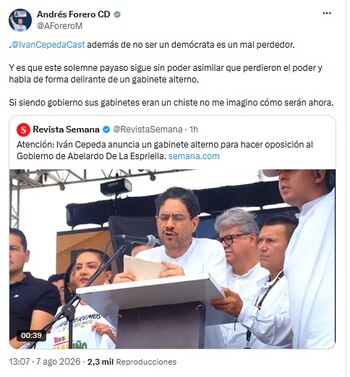 El senador electo Andrés Forero, del Centro Democrático, lanzó una dura crítica contra Iván Cepeda en un mensaje en redes sociales, donde lo acusó de no aceptar el resultado político - crédito @AForeroM/X