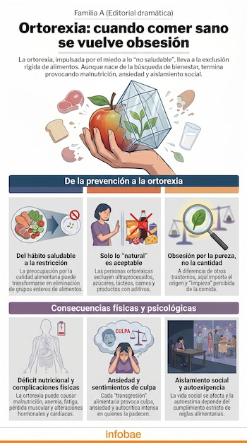 Infografía sobre ortorexia con mano sujetando una manzana enjaulada, alimentos rotos, y diagramas de restricción, consecuencias físicas y aislamiento.