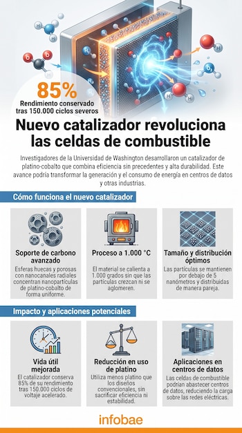 Ilustración de celda de combustible, moléculas, gráficos explicativos de funcionamiento, beneficios y aplicaciones. Texto: 'Nuevo catalizador revoluciona'. Logo Infobae.