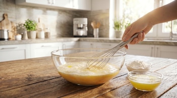Primer plano de una mano mezclando huevos espumosos con un batidor en un tazón de vidrio, con mantequilla derretida y harina en cuencos pequeños a un lado.