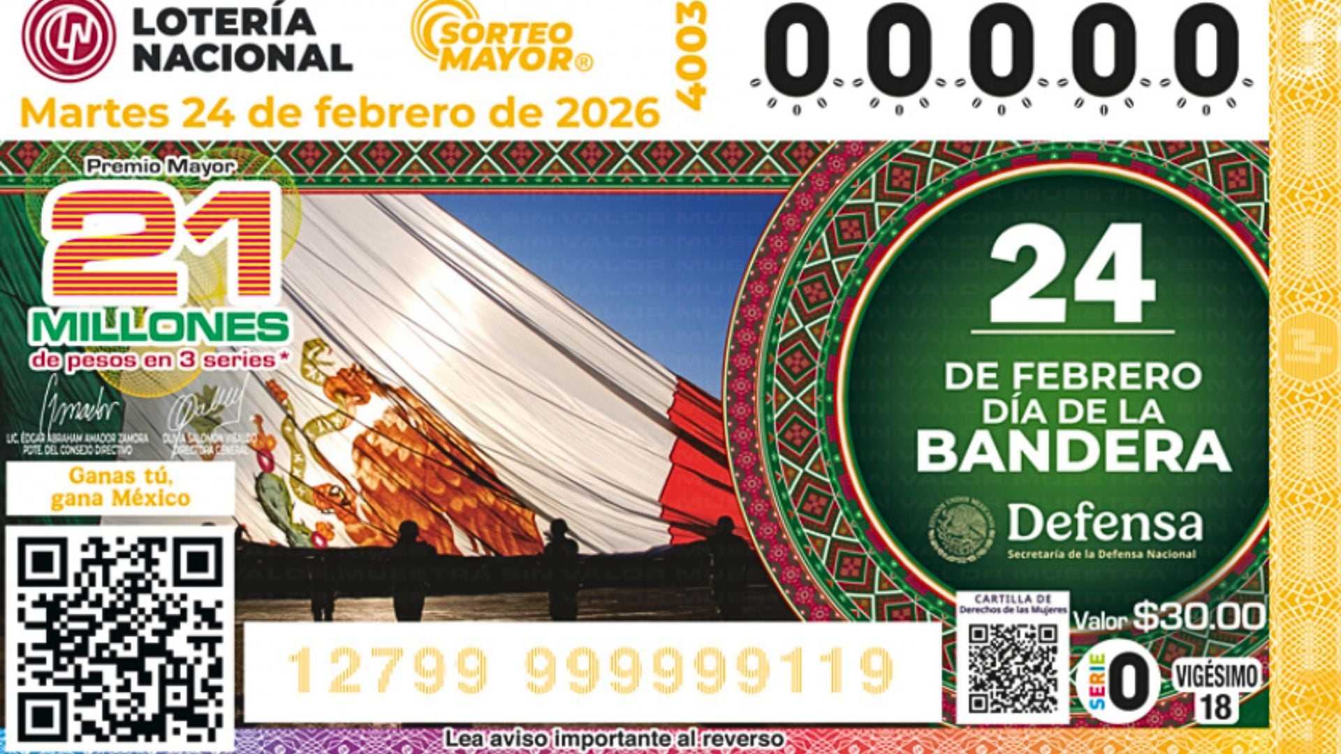 Los números ganadores más importantes del Sorteo Mayor 4003 del martes 27 de febrero de 2026. (Lotería Nacional)