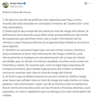 Jorge Llano, economista, apuntó que se debería buscar es acceso inicial al crédito y luego unas tasas que reflejen más en nivel de riesgo de cada cliente - crédito @JLlanoSala/X